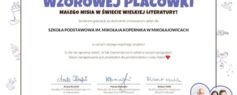 Certyfikat wzorowej placówki Szkoła Podstawowa im Mikołaja Kopernika