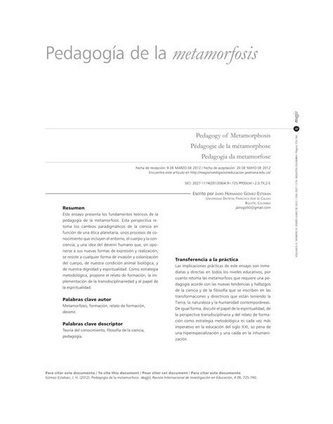 Pdf Pedagog A De La Metamorfosis Dialnet Pedagog A