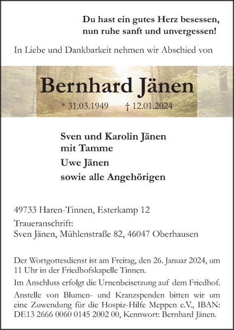 Traueranzeigen von Bernhard Jänen noz Trauerportal