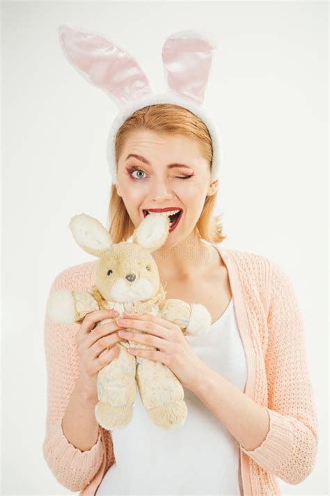 Woman In Rabbit Bunny Ears Spring Holiday Girl With Hare Toy Happy