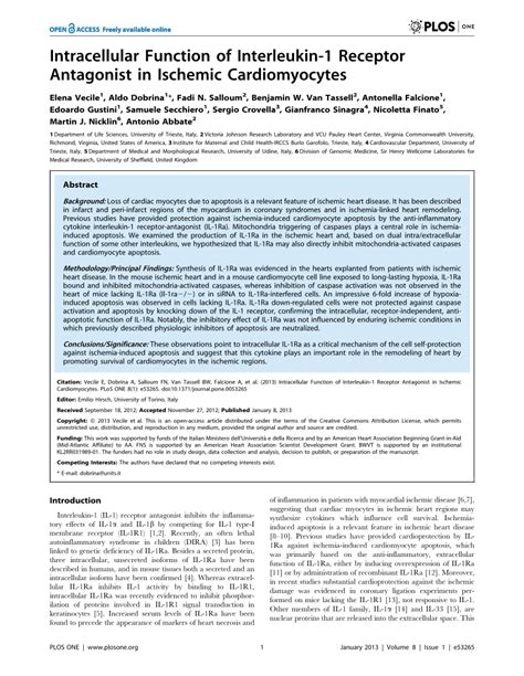 (PDF) Intracellular Function of Interleukin-1 Receptor Antagonist in Ischemic Cardiomyocytes