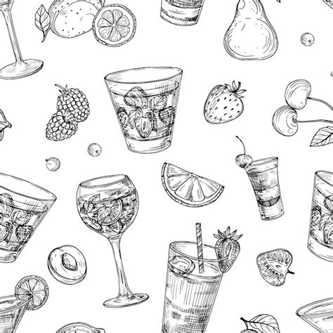 Premium Vector Cocktails Pattern Sketch Drinks And Fruits Background