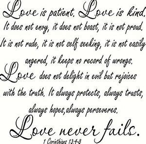 XL 1 Corinthians 13:4-8 V2 Large Size, Bible Verse Wall Decal, Love, Patient | eBay