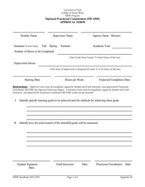 Fillable Online Optional Practicum Commitment SW 6500 APPROVAL FORM