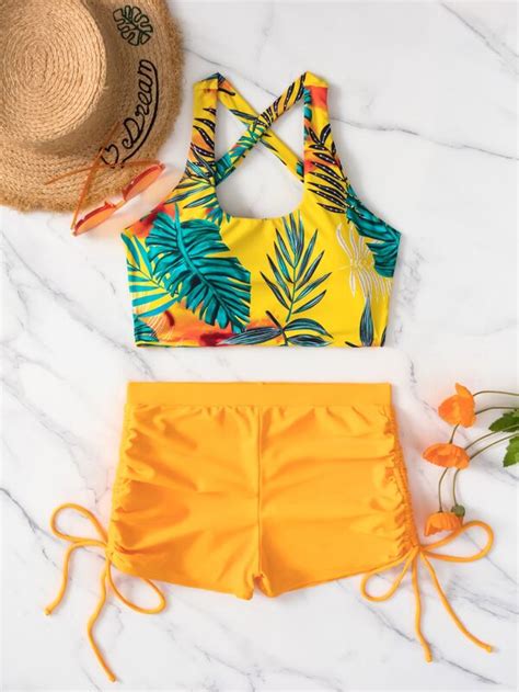 Shein Swim Vcay Ba Ador Bikini Con Estampado Tropical Con Tira Cruzada