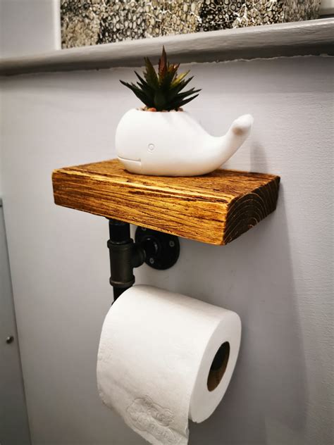 Rustic Industrial Style Pipe Toilet Roll Holder With Wooden Etsy