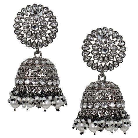 Kundan Studded Round Jhumka Traditional Black Metal Earrings Beatnik