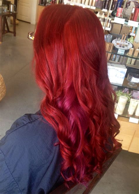 Vibrant Red Hair With A Peek A Boo Fuchsia Piece Coming Through Long