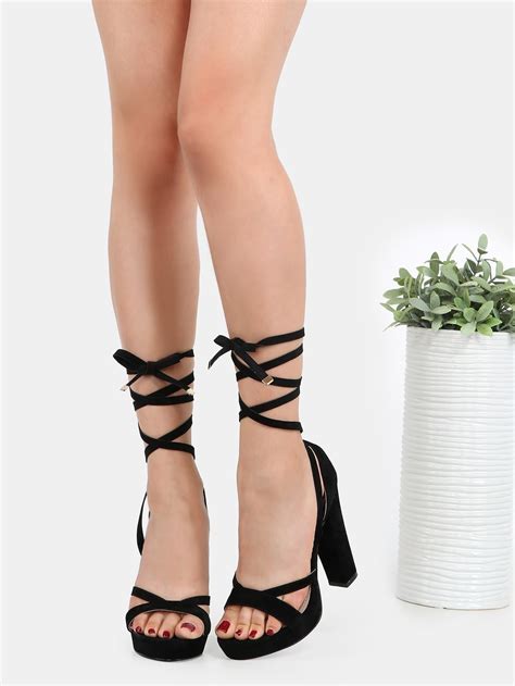 Suede Lace Up Platform Heels Black Sheinsheinside