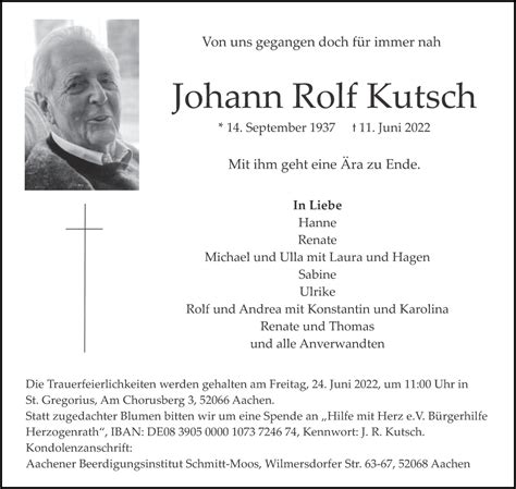 Traueranzeigen Von Johann Rolf Kutsch Aachen Gedenkt