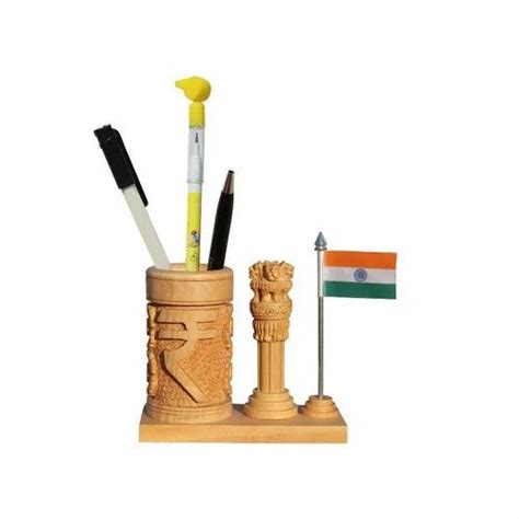 Wooden Pen Stand With Ashoka Stambh And Flag For Table Decor Best For