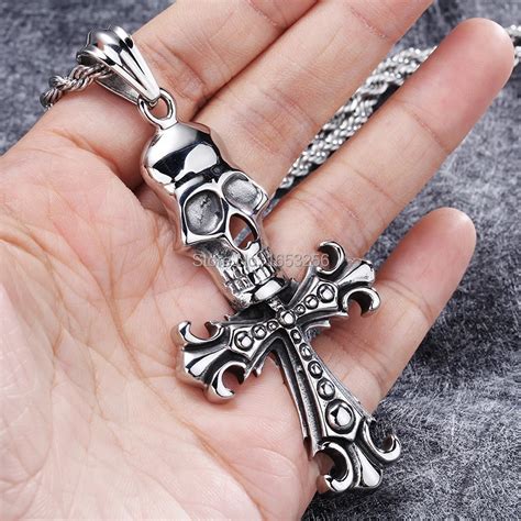 Large Biker 316l Stainless Steel Skeleton Skull Cross Pendant Mens Rope Necklace Gothic Jewelry