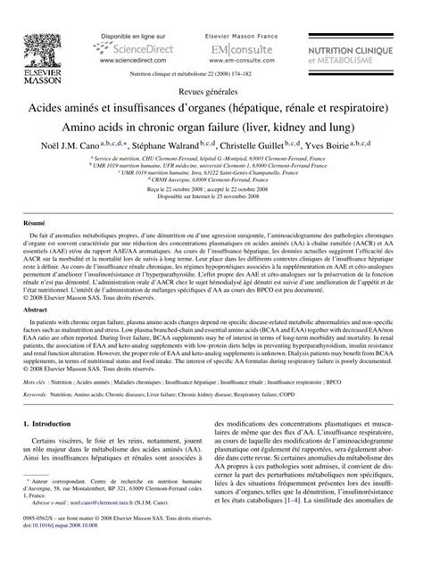 Pdf Acides Amin S Et Insuffisances Dorganes H Patique R Nale Et