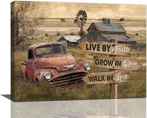 Rustic Old Truck Wall Art Country Farmhouse Barn Pictures Decor Red And