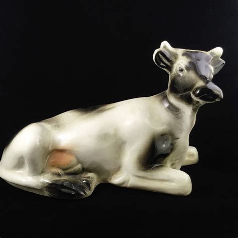 Porcelain Lounging Cow Figurine Black White Glazed Vintage Collectible