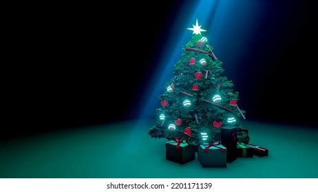 Decorated Christmas Tree On Red Background Stock Photo 2201171139 ...