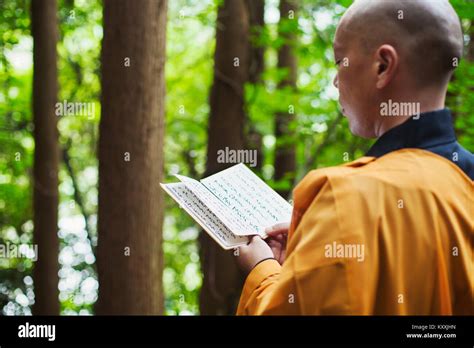 Side View Of Buddhist Monk With Shaved Head Wearing Black And Yellow