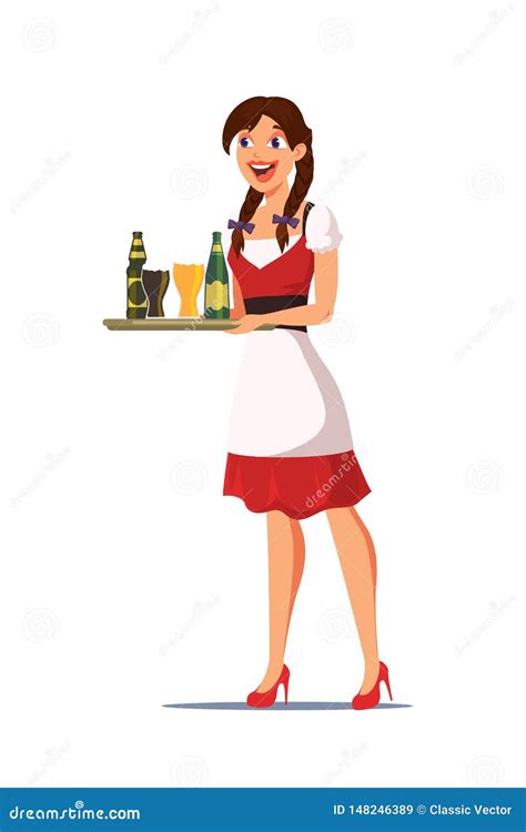 Waitress Carrying Tray In Pub Vector Illustration Stock Vector