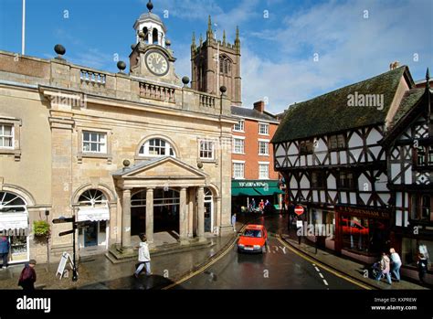 Ludlow Shropshire Town Centre Showing The Town Hall Clock And Half