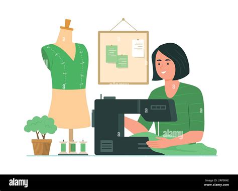 Dressmaker Woman Sewing Clothes With Sewing Machine Stock Vector Image