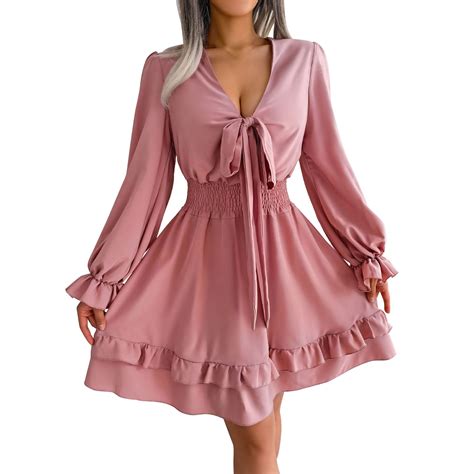 Ladies Dress Women S Wrap V Neck Bodycon Mini Dress Puff Long Sleeve Ruched Asymmetrical Hem