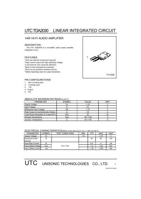 UTC TDA2030 LINEAR INTEGRATED CIRCUIT