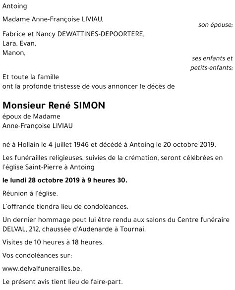 Avis de décès de René SIMON décédé le 20 10 2019 à Antoing annonce