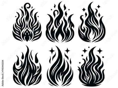 Classic Silhouette Flame Black Fire Set Isolated On White Background Old School Tattoo Neo