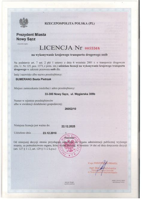 Licencja krajowa Transport przewóz osób BUMERANG