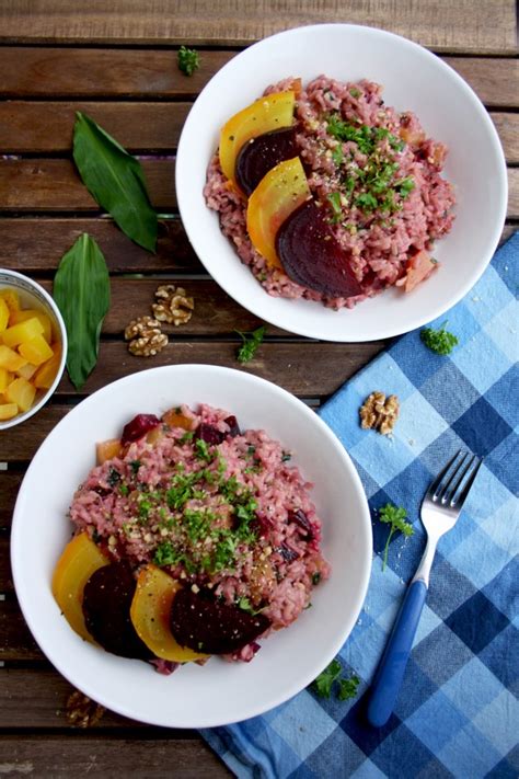 Beetroot Risotto With Goat Cheese Wild Garlic And Walnuts Happy Kitchen