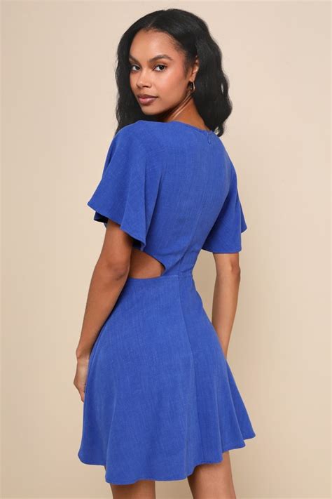 Royal Blue Dress Tie Front Mini Dress Cutout Skater Dress Lulus