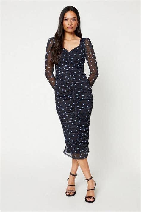 Dresses Spot Printed Ruched Mesh Midi Dress Dorothy Perkins