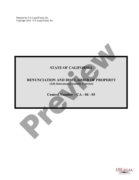 California Renunciation And Disclaimer Of Property From Life Insurance Or Annuity Contract