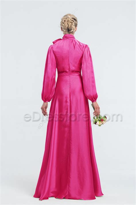 Modest Lds Hot Pink Satin Bridesmaid Dresses Long Sleeves Edresstore