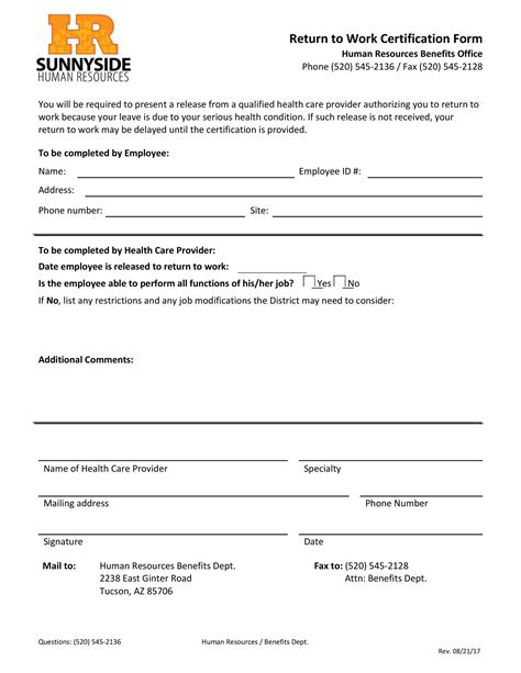 Doctor Printable Return To Work Form