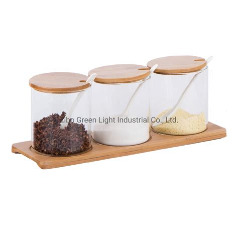 3PCS 350ml Borosilicate Glass Spice Jar With Bamboo Lid Spoon And Stand