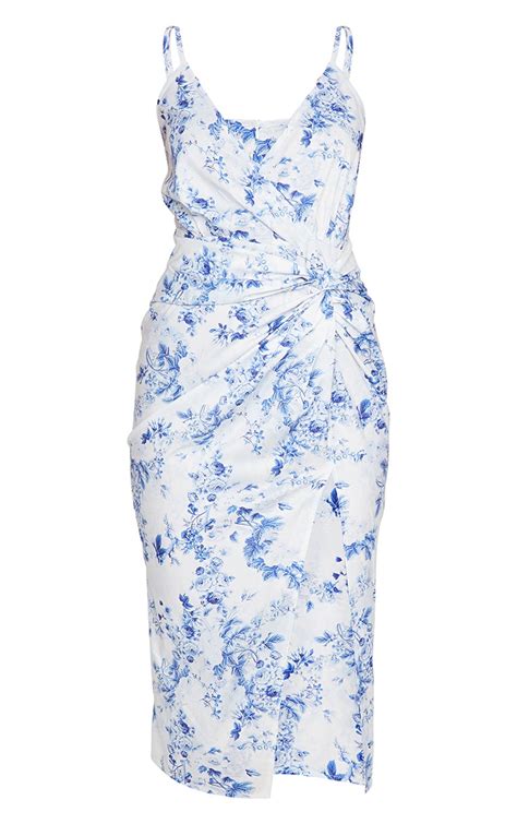 Blue Floral Print Twist Front Strappy Midi Dress Prettylittlething