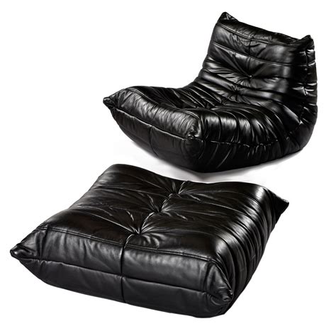 Ligne Roset Togo Black Leather Seating Group 3-Seater Sofa, Chair, and ...