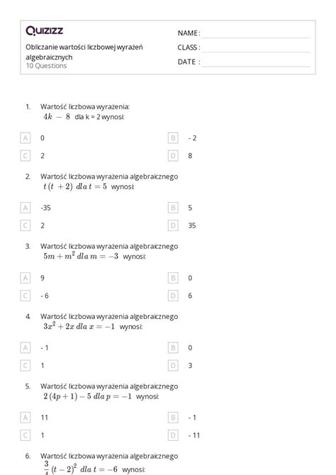 Ponad Obliczanie Warto Ci Liczbowej Wyra Enia Algebraicznego Arkuszy