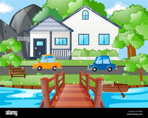 Two Cars Parked In Front Of House Illustration Stock Vector Image And Art