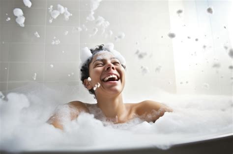 Premium Ai Image Happy Woman In A Bubble Bath Surrounded By Foam