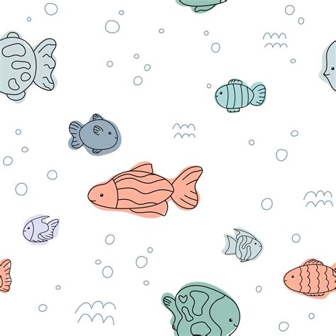 Cute Fish Sea Pattern White Blue Line Doodle Seamless Background Ocean