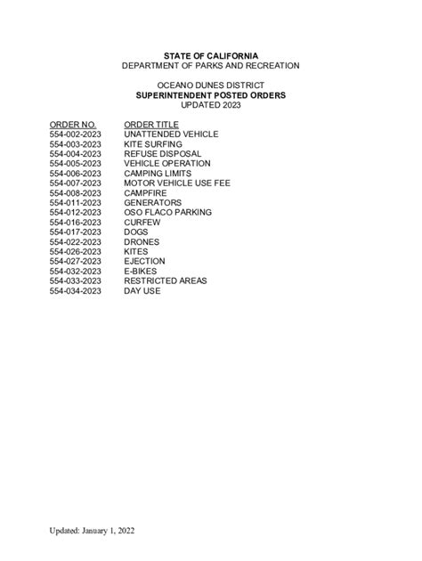 Fillable Online Ohv Parks Ca District Office Contact Information