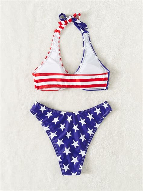 SHEIN Swim Vcay American Flag Ring Linked Halter Bikini Swimsuit