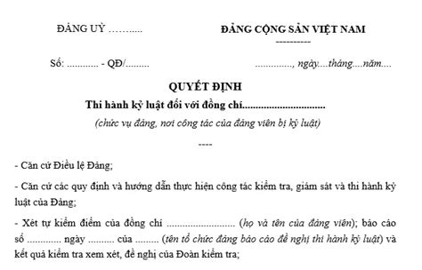 Mẫu Quyết định Kỷ Luật đảng Viên Của Chi Bộ Mới Nhất Năm 2023