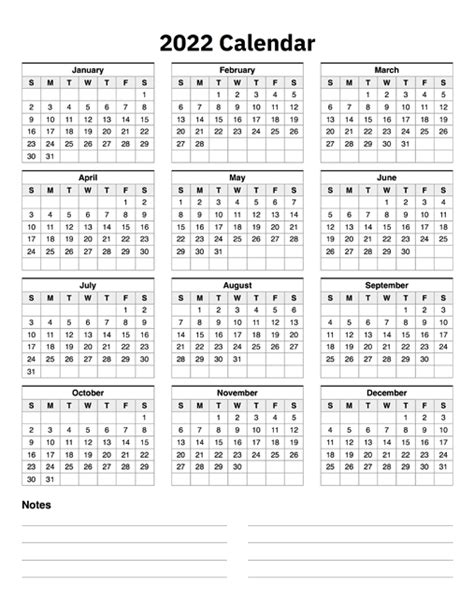 2022 Calendar One Page With Notes A Printable Calendar