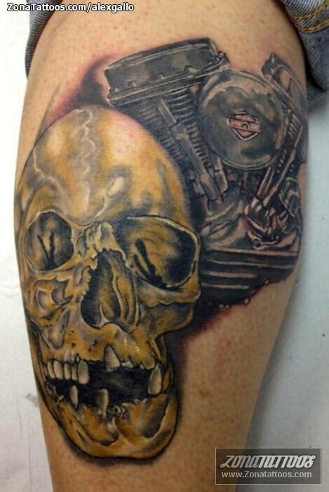 Tattoo Of Skulls Engines Leg