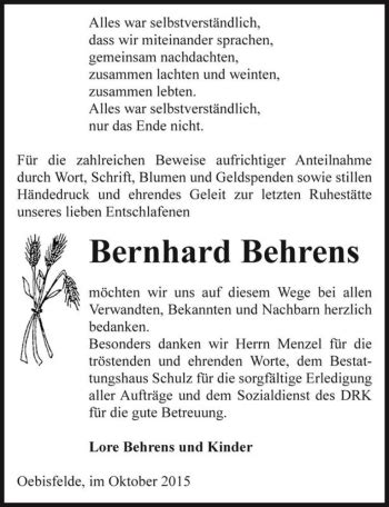 Traueranzeigen Von Bernhard Behrens Abschied Nehmen De