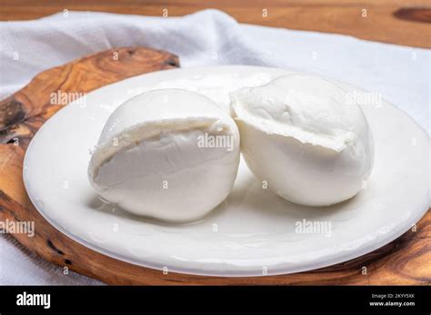 White Ball Of Italian Soft Cheese Mozzarella Di Bufala Campana Close Up