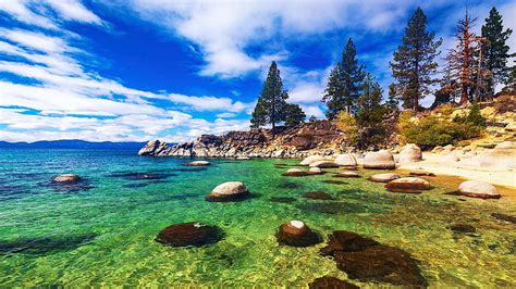 Secret Cove Lake Tahoe California Landscape Clouds Trees Sky